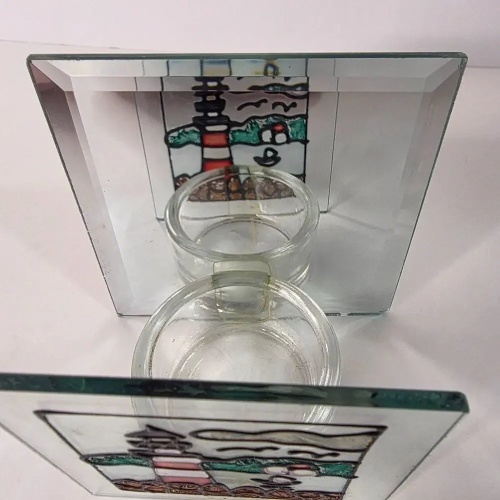 Lighthouse Stained Glass Votive Tea Light Candle Holder Mirror Nautical Decor